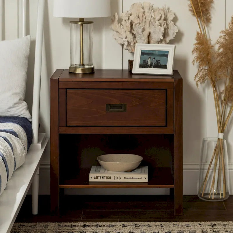 Solid Pine Nightstand with Drawer and Open Shelf