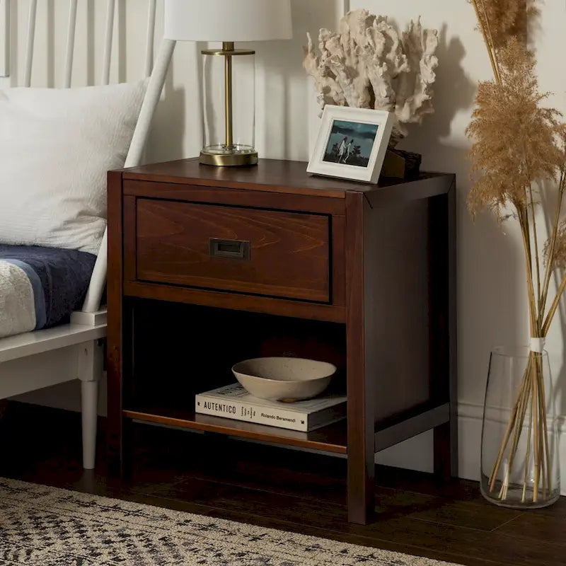 Solid Pine Nightstand with Drawer and Open Shelf