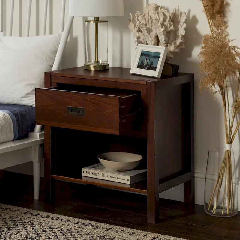 Solid Pine Nightstand with Drawer and Open Shelf