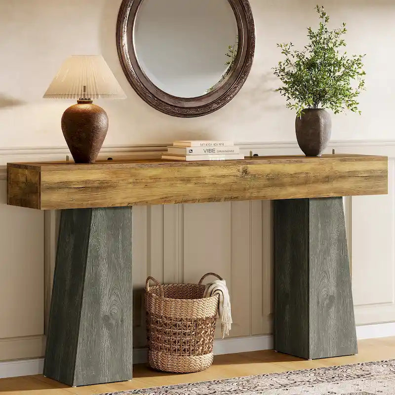 Farmhouse Entryway Table, 63-Inch Long Wooden Sofa Console Table