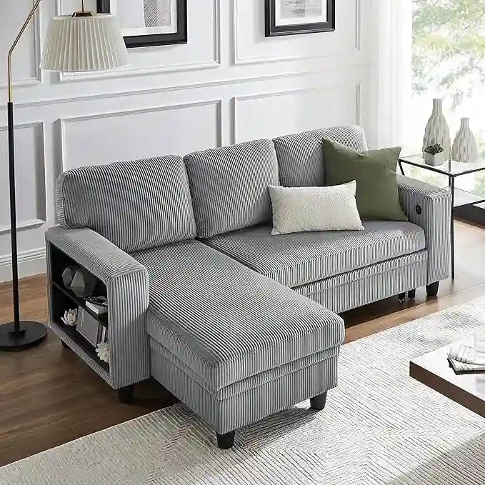 Pull-Out Sleeper Sofa with Storage Chaise, Bookshelves & USB Port