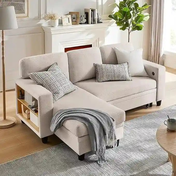 Pull-Out Sleeper Sofa with Storage Chaise, Bookshelves & USB Port