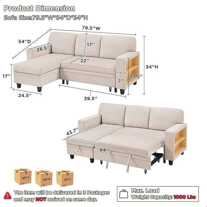 Pull-Out Sleeper Sofa with Storage Chaise, Bookshelves & USB Port