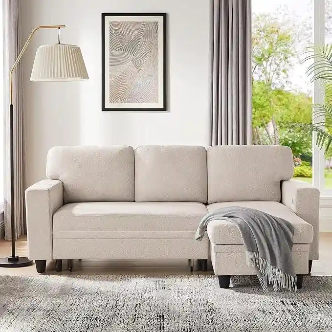 Pull-Out Sleeper Sofa with Storage Chaise, Bookshelves & USB Port