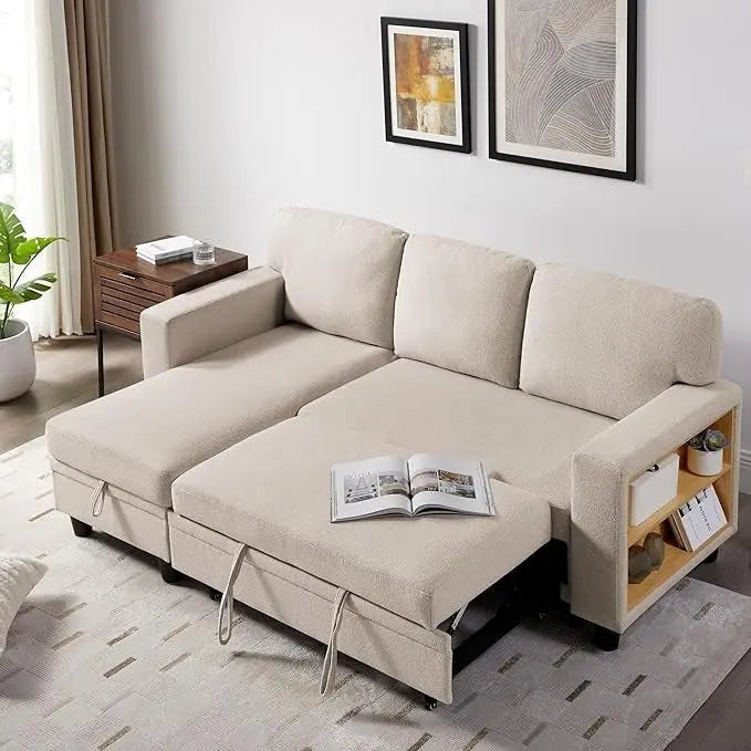 Pull-Out Sleeper Sofa with Storage Chaise, Bookshelves & USB Port