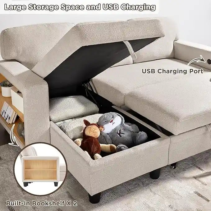 Pull-Out Sleeper Sofa with Storage Chaise, Bookshelves & USB Port