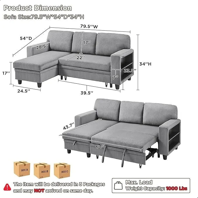 Pull-Out Sleeper Sofa with Storage Chaise, Bookshelves & USB Port