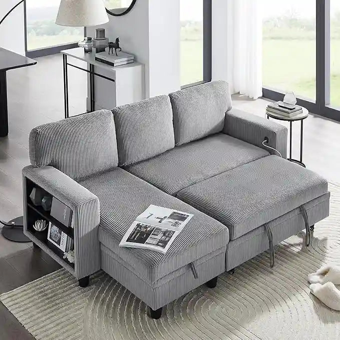Pull-Out Sleeper Sofa with Storage Chaise, Bookshelves & USB Port