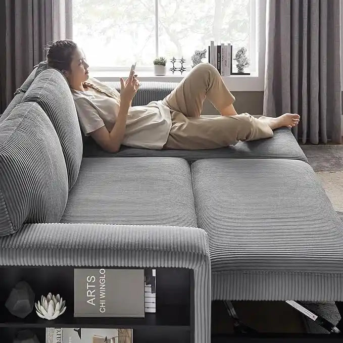 Pull-Out Sleeper Sofa with Storage Chaise, Bookshelves & USB Port