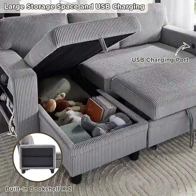 Pull-Out Sleeper Sofa with Storage Chaise, Bookshelves & USB Port