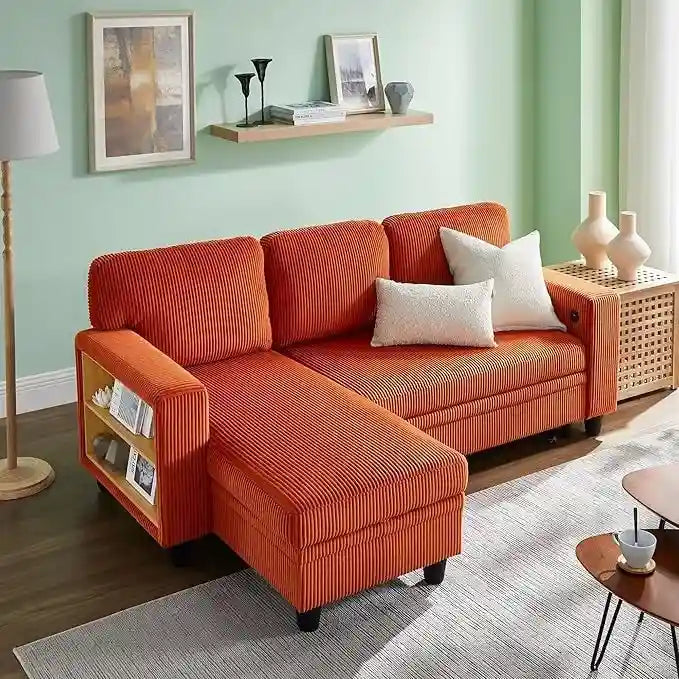 Pull-Out Sleeper Sofa with Storage Chaise, Bookshelves & USB Port