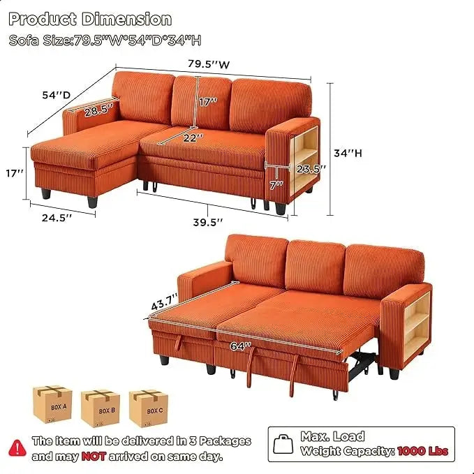 Pull-Out Sleeper Sofa with Storage Chaise, Bookshelves & USB Port