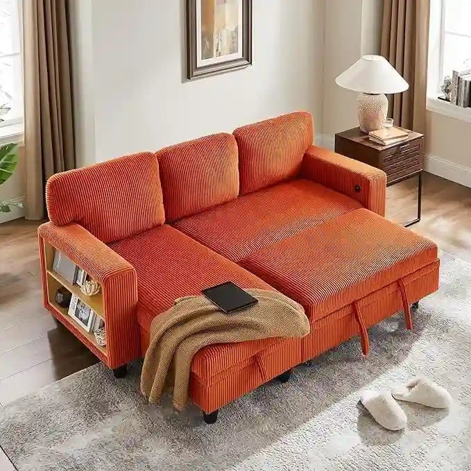 Pull-Out Sleeper Sofa with Storage Chaise, Bookshelves & USB Port