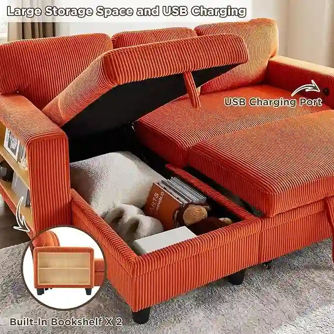 Pull-Out Sleeper Sofa with Storage Chaise, Bookshelves & USB Port