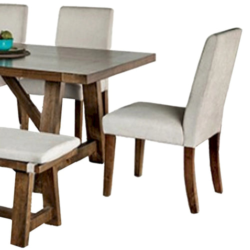7-Piece Dining Set with Brown Table, Off-White Chairs and Bench