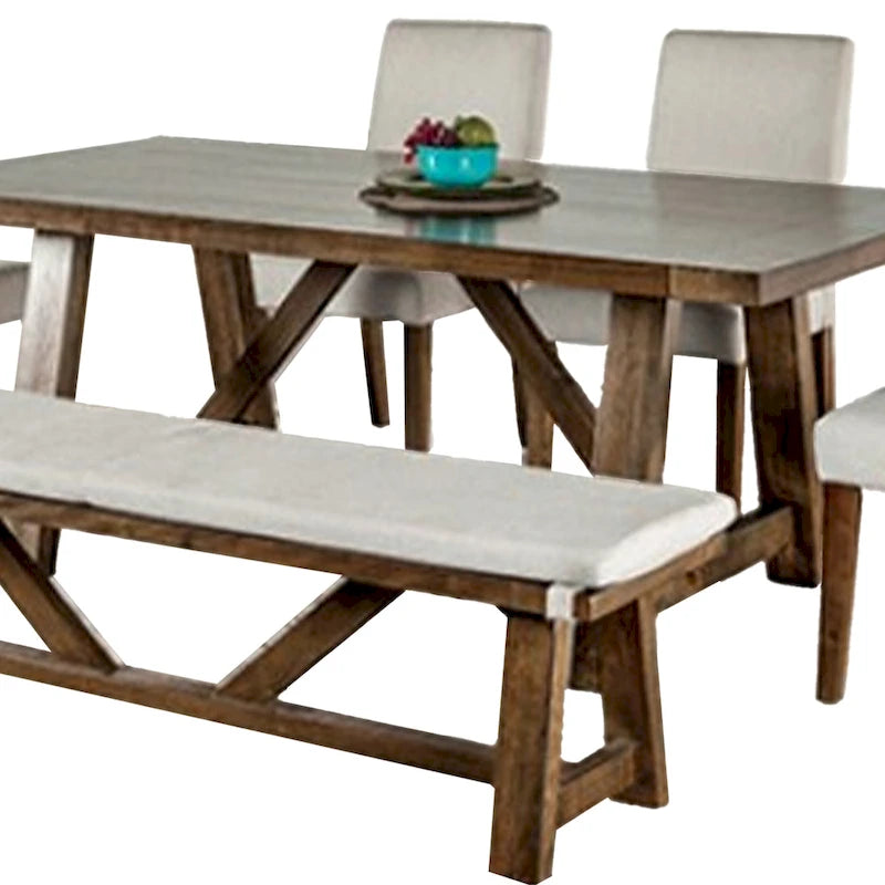 7-Piece Dining Set with Brown Table, Off-White Chairs and Bench