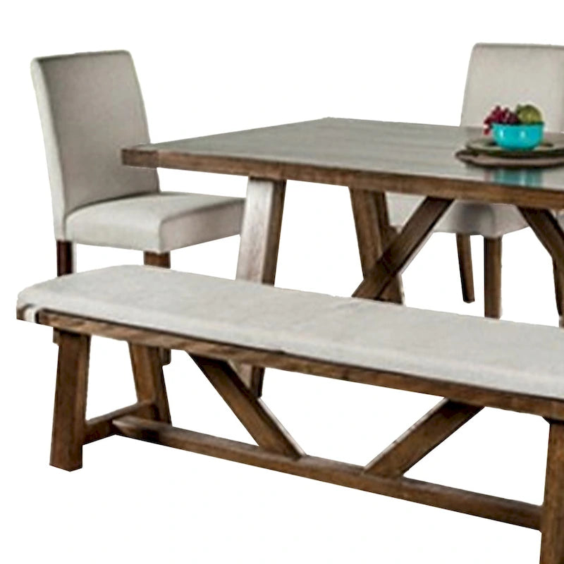 7-Piece Dining Set with Brown Table, Off-White Chairs and Bench