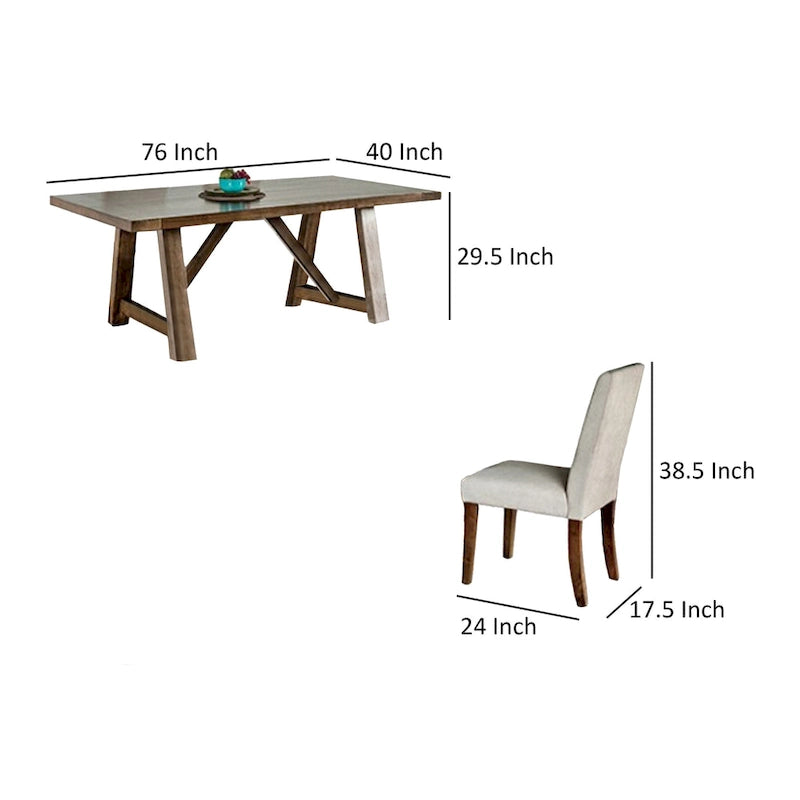 7-Piece Dining Set with Brown Table, Off-White Chairs and Bench