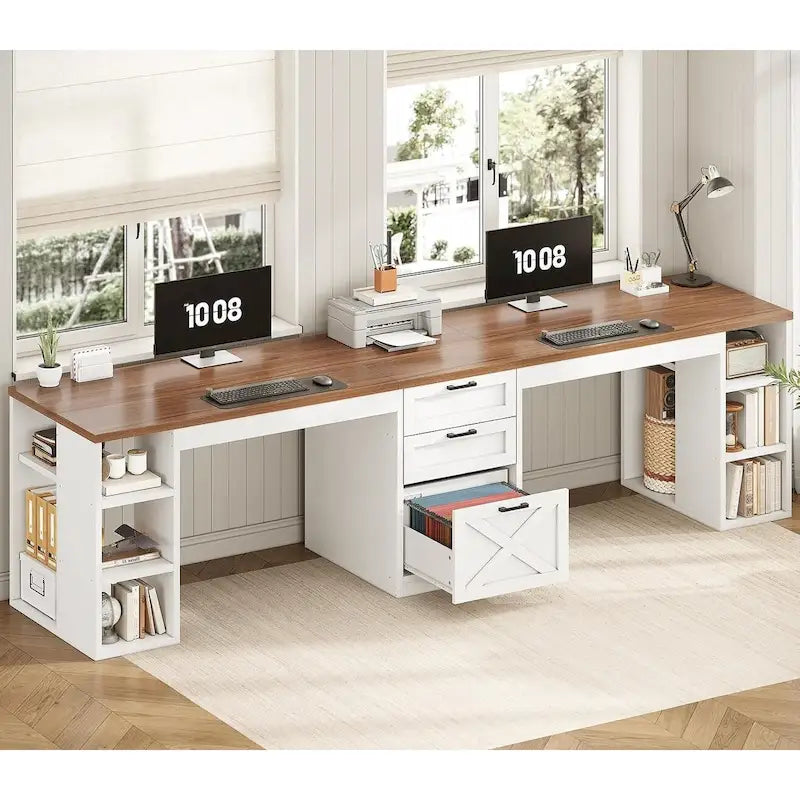 96.5-Inch Two-Person Computer Desk with 3 Drawers and 8 Open Shelves