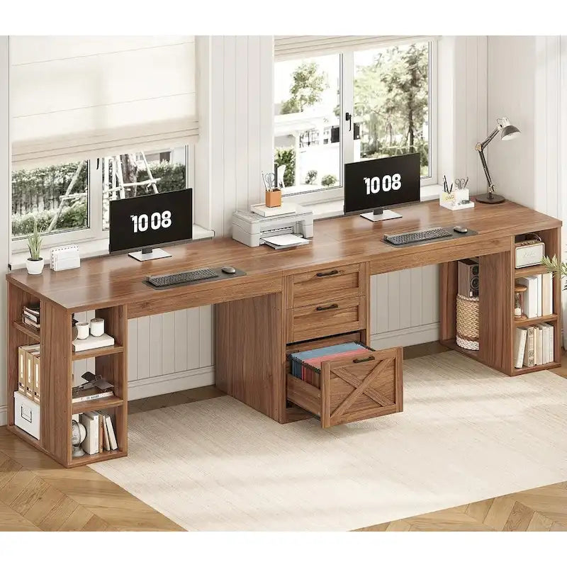 96.5-Inch Two-Person Computer Desk with 3 Drawers and 8 Open Shelves