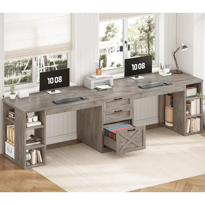 96.5-Inch Two-Person Computer Desk with 3 Drawers and 8 Open Shelves