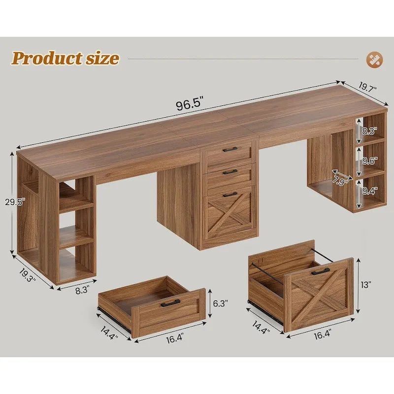 96.5-Inch Two-Person Computer Desk with 3 Drawers and 8 Open Shelves