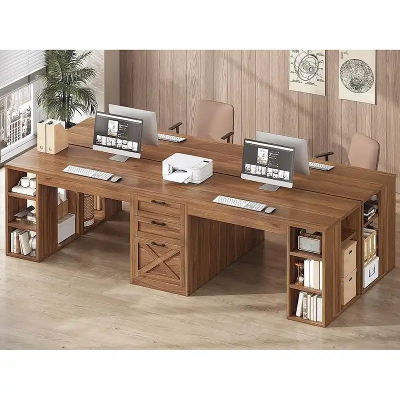96.5-Inch Two-Person Computer Desk with 3 Drawers and 8 Open Shelves