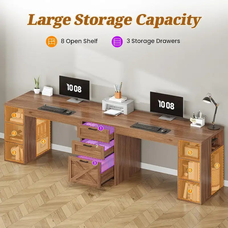 96.5-Inch Two-Person Computer Desk with 3 Drawers and 8 Open Shelves