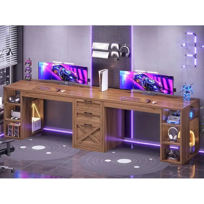 96.5-Inch Two-Person Computer Desk with 3 Drawers and 8 Open Shelves