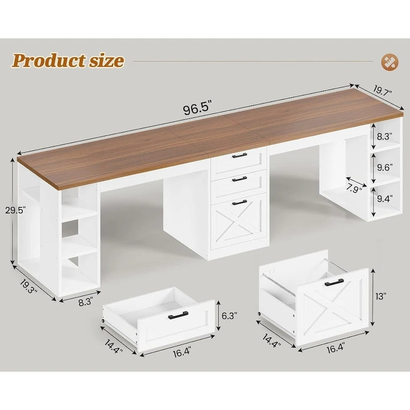 96.5-Inch Two-Person Computer Desk with 3 Drawers and 8 Open Shelves