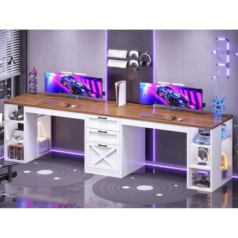 96.5-Inch Two-Person Computer Desk with 3 Drawers and 8 Open Shelves