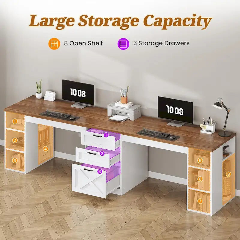 96.5-Inch Two-Person Computer Desk with 3 Drawers and 8 Open Shelves