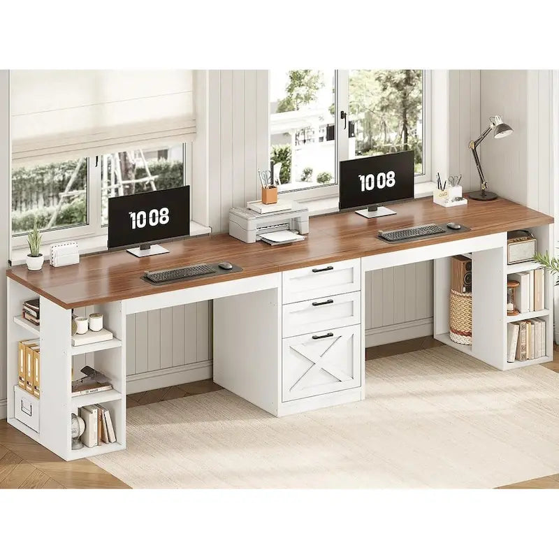 96.5-Inch Two-Person Computer Desk with 3 Drawers and 8 Open Shelves