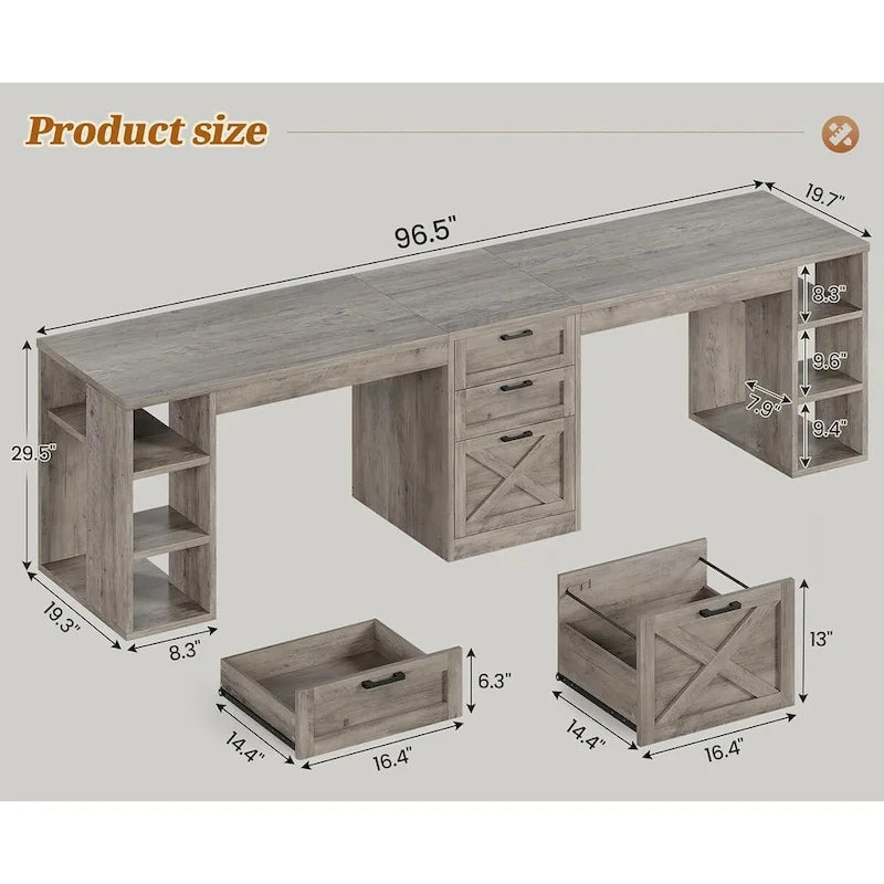 96.5-Inch Two-Person Computer Desk with 3 Drawers and 8 Open Shelves