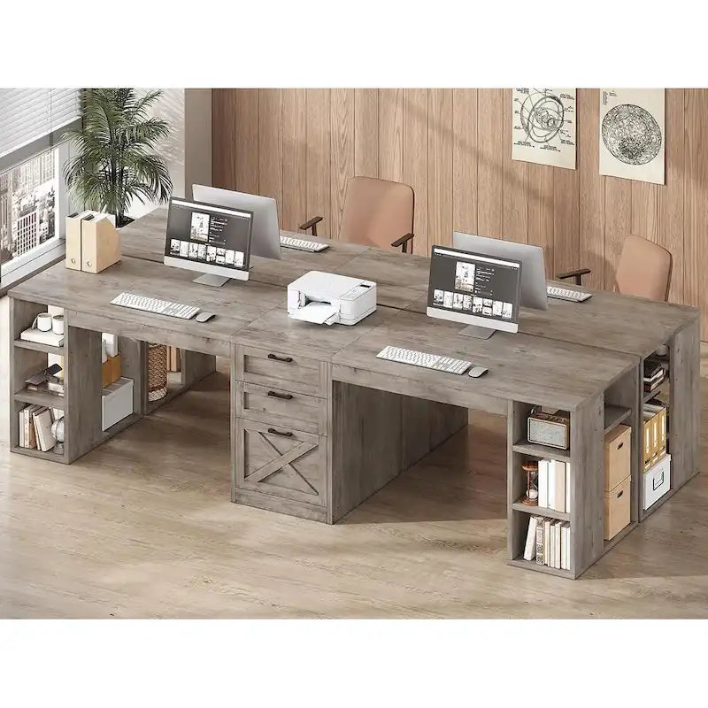 96.5-Inch Two-Person Computer Desk with 3 Drawers and 8 Open Shelves