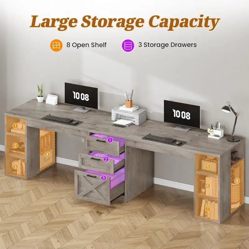 96.5-Inch Two-Person Computer Desk with 3 Drawers and 8 Open Shelves