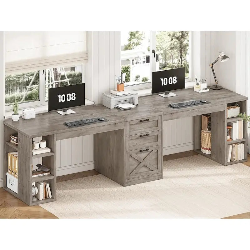 96.5-Inch Two-Person Computer Desk with 3 Drawers and 8 Open Shelves