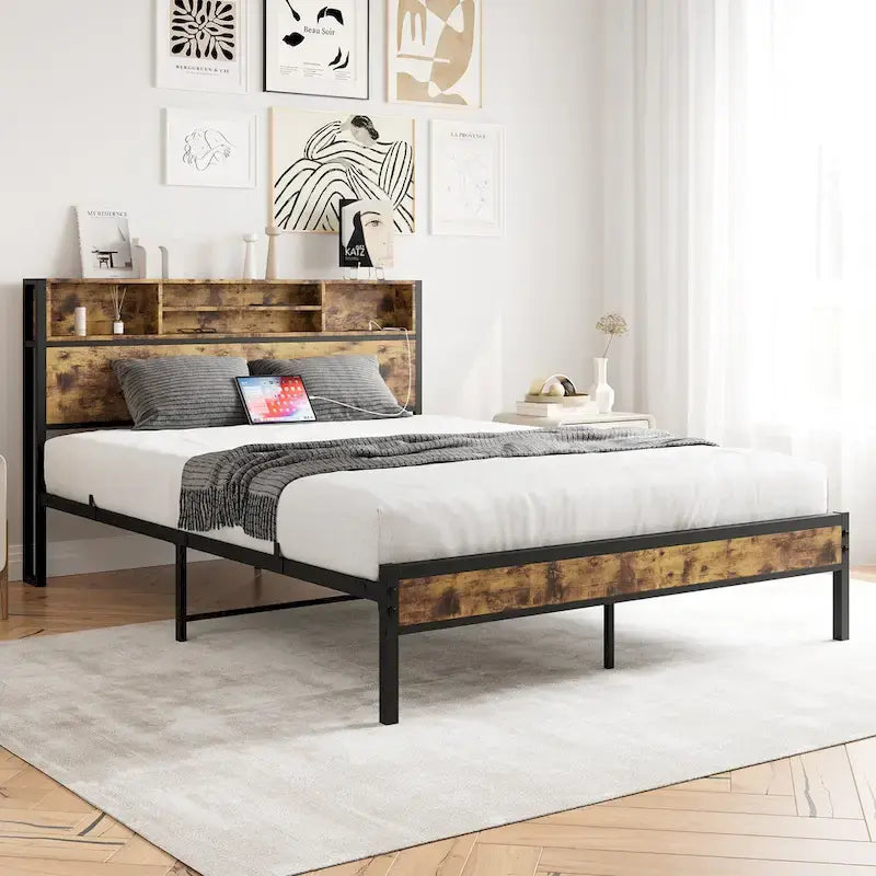 Bookcase Storage Platform Bed with Charging Station