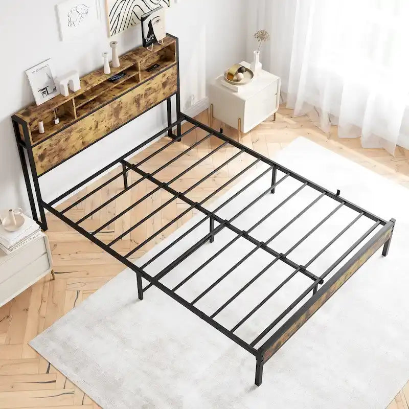 Queen Platform Bed with Bookcase Headboard and Charging Station