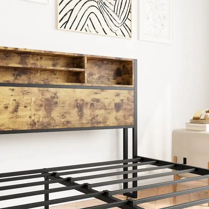 Queen Platform Bed with Bookcase Headboard and Charging Station