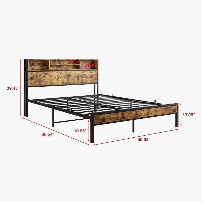 Queen Platform Bed with Bookcase Headboard and Charging Station