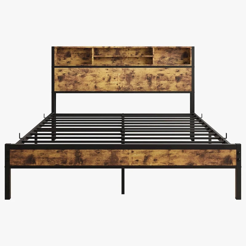 Queen Platform Bed with Bookcase Headboard and Charging Station