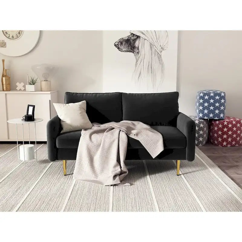 Velvet Square-Arm Loveseat with Round Metal Legs