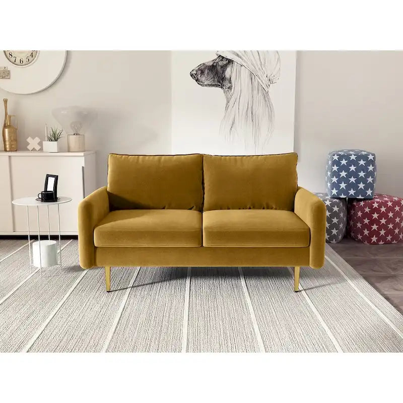 Velvet Square-Arm Loveseat with Round Metal Legs