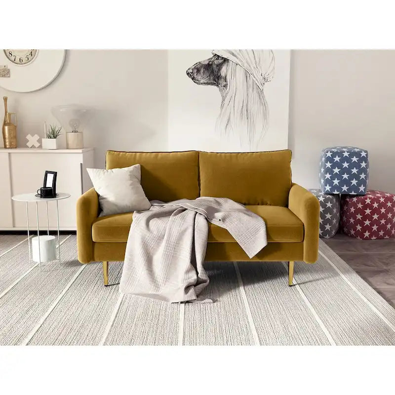 Velvet Square-Arm Loveseat with Round Metal Legs