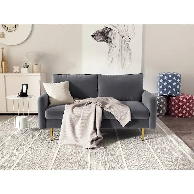 Velvet Square-Arm Loveseat with Round Metal Legs