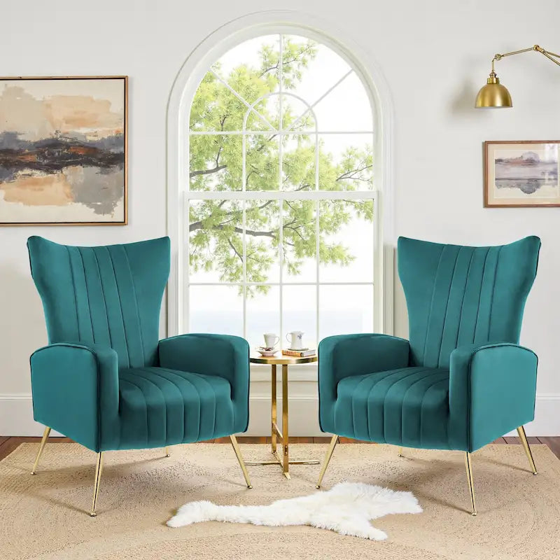 Set of 2 Velvet Wingback Accent Chairs with Gold Metal Legs