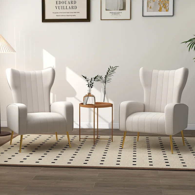 Set of 2 Velvet Wingback Accent Chairs with Gold Metal Legs