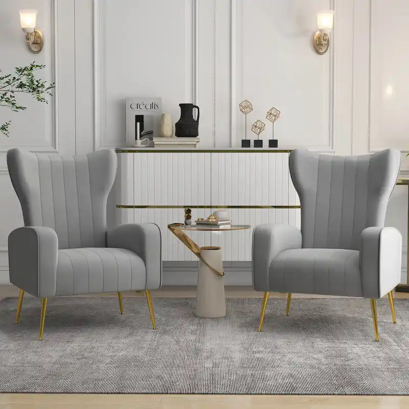 Set of 2 Velvet Wingback Accent Chairs with Gold Metal Legs