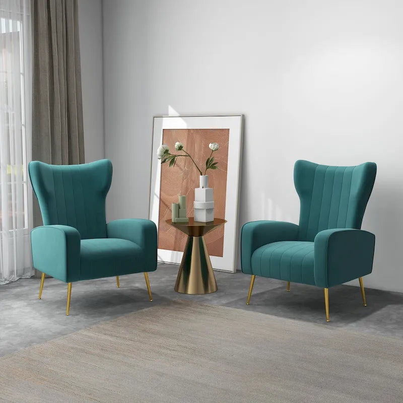 Set of 2 Velvet Wingback Accent Chairs with Gold Metal Legs